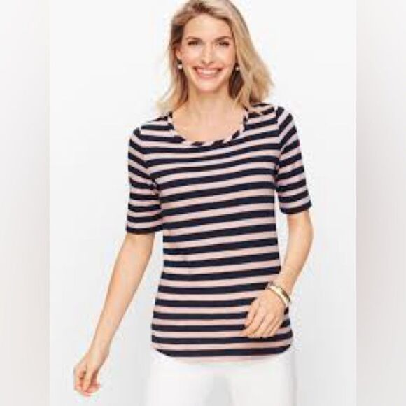 Talbots Navy and Pink Striped Short Sleeve Top size MP - Picture 1 of 5